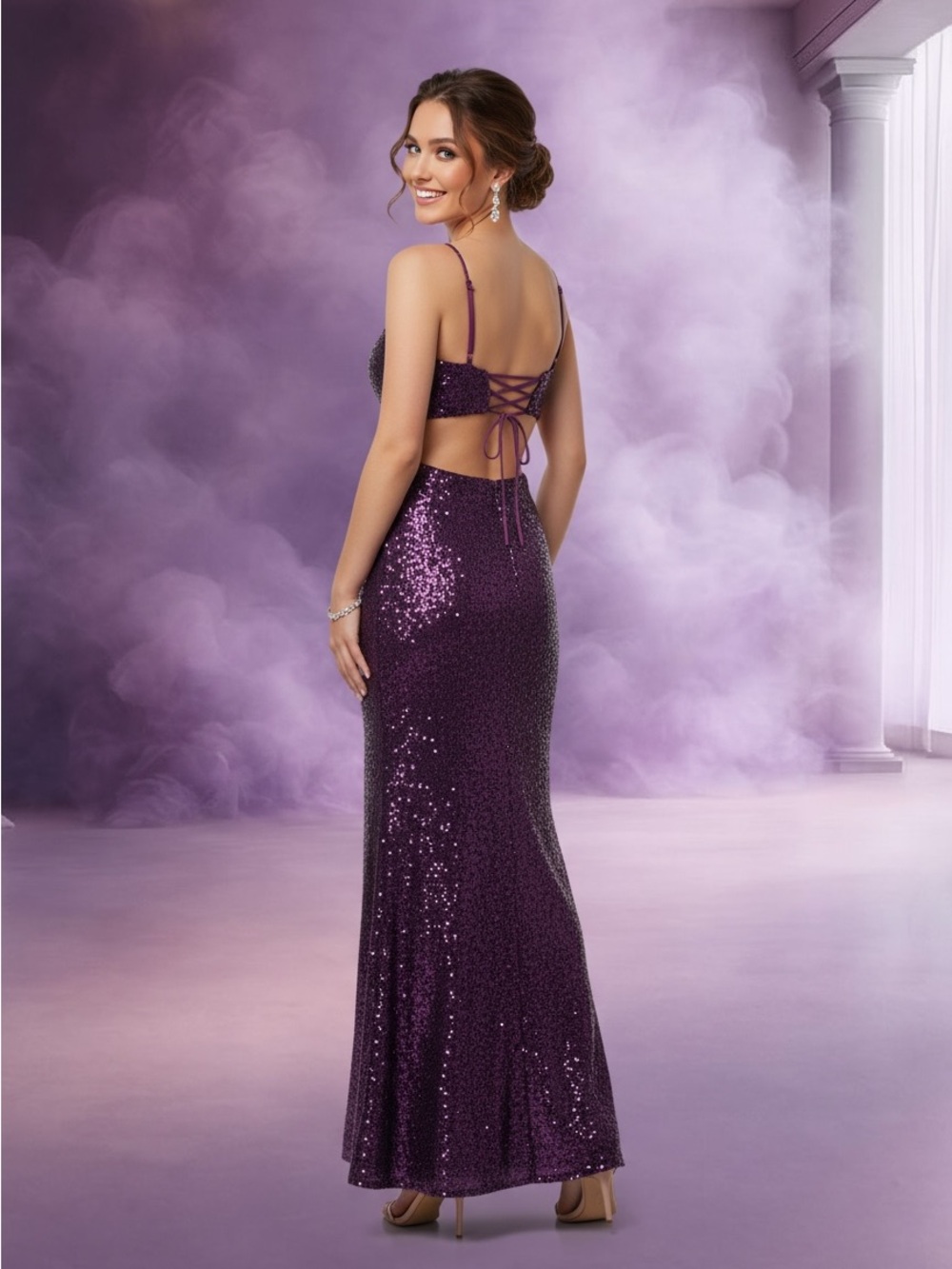 Honey and Rosie Deep Purple Sequin V-Neck Prom Dress - Picture 3 of 9
